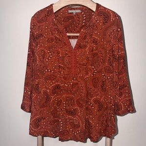 Daniel Rainn bohemian paisley blouse v-neck 3/4 sleeves orange and rust 1X-G